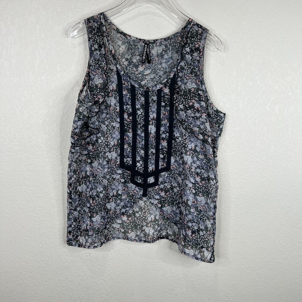 Gentle Fawn Womens Blouse Tank Top Small Gray Floral Ruffle Boho Split Back